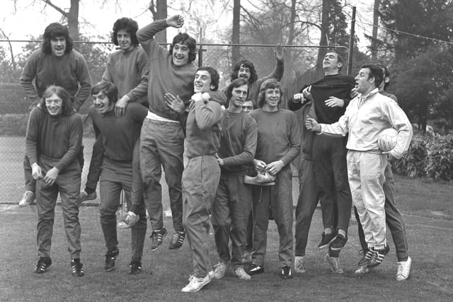 Sunderland players pictured in high spirits at their Selsdon Park training headquarters. Pictured are (left to right) Billy Hughes and Richie Pitt on the shoulders of Mick Horswill and Trevor Swinburne, Vic Halom, Joe Bolton, David Young, Bobby Kerr, Jimmy Montgomery, Arthur Cox (trainer-coach) and Billy Elliott (trainer).