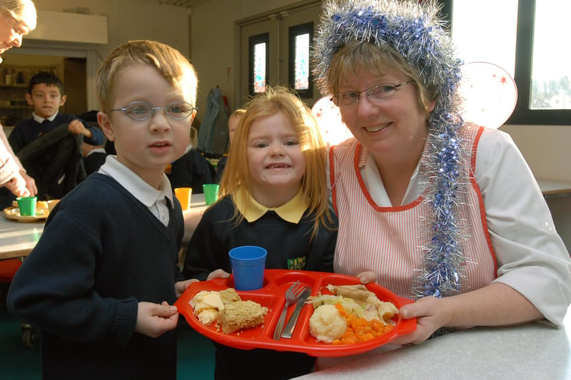 School cook Margaret Greenland was pictured in 2006 as she retired from Stanhope Primary School. She was served her lunch by pupils James Gates and Britney Borrits.