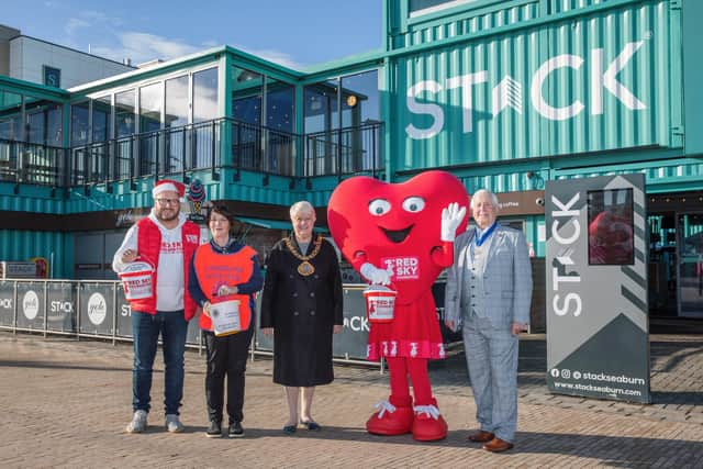 (from left) Sergio Petrucci,  Jackie Robson, Mayor of Sunderland Coun Alison Smith, Red Sky Foundation mascot  Miss Beats and Mayoral Consort David Smith