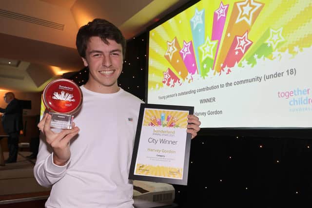The Sunderland Shining Stars City Finals Awards Ceremony  at the Stadium of Light, honouring volunteers and volunteer organisations in the region. Harvey Gordon winner of the young person 's outstanding contribution to the community