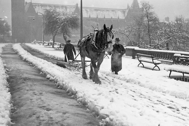 A horse and plough being used to clear the snow in Sunderland in 1941.