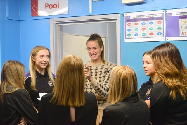 Pupils enjoy a chat with Jill as she recounts what it was like to win the European Championship final in front of 90,000 people at Wembley.