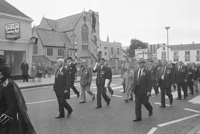The Sunderland branch of the Dunkirk Veterans' Association during their annual parade, headed by a pipe band to the steps of the museum in Borough Road where the salute was taken in 1982.