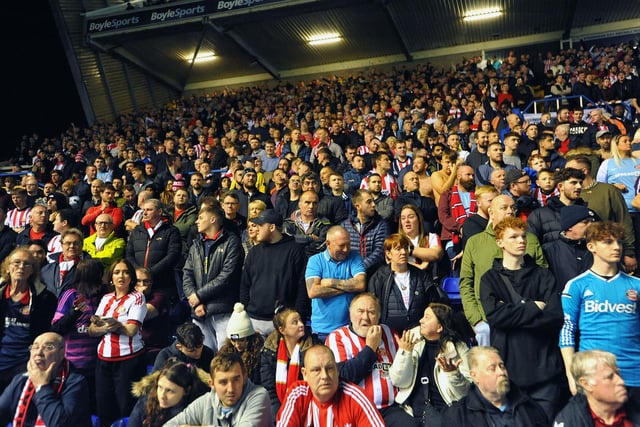 Sunderland fans in action at St. Andrew's against Birmingham City in the Championship. Tony Mowbray's men won the game 2-1 with goals from Ellis Simms and Amad Diallo.