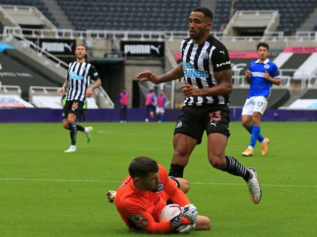 Brighton's Australian goalkeeper Mathew Ryan saves at the feet of Newcastle United's English striker Callum Wilson during the English Premier League football match between Newcastle United and Brighton and Hove Albion at St James' Park in Newcastle upon Tyne, north-east England on September 20, 2020.