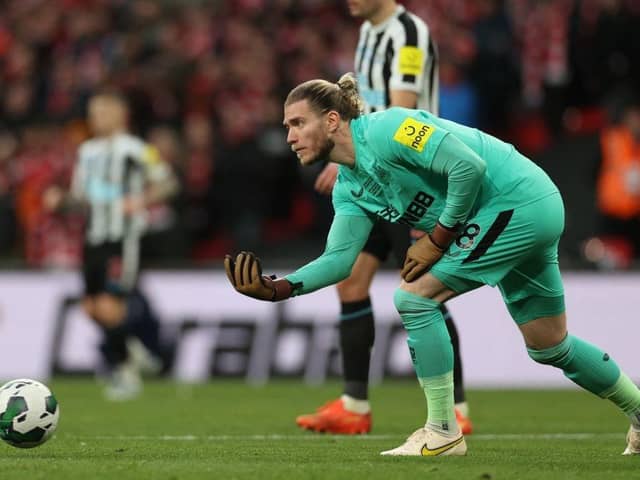 Loris Karius made his Newcastle United debut at Wembley Stadium  (Photo by ADRIAN DENNIS/AFP via Getty Images)