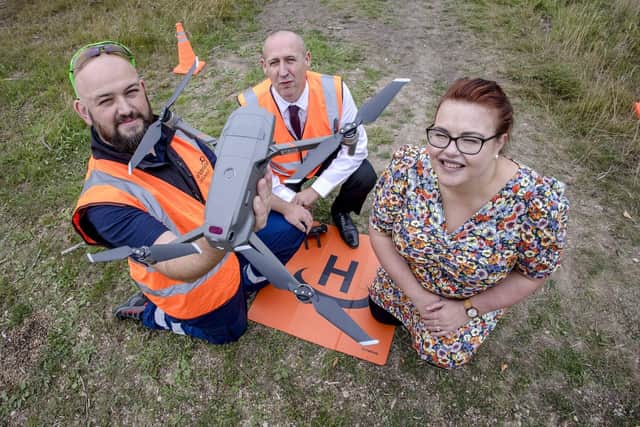 Sunderland Council Environmental Officer/drone pilot Andy Proudlock and Gavin Bell Environmental Officer (centre) launch the drone scheme with Deputy Leader Claire Rowntree.