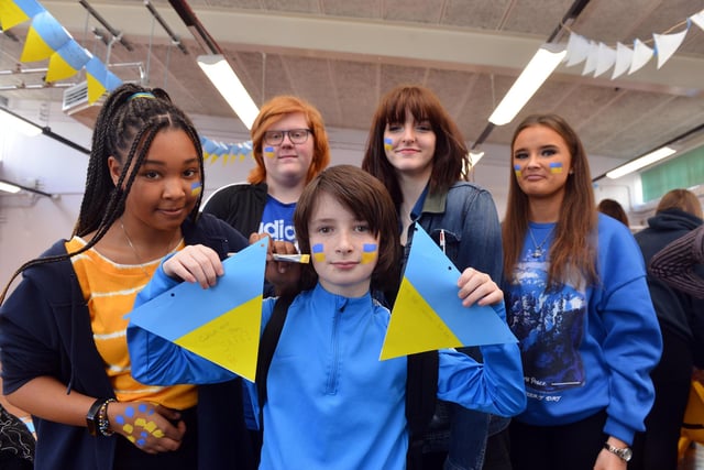 Monkwearmouth Academy students George Smith, 12, Safi Touray, 15, Daniel Curtis, 15, Lucy Shields, 15 and Lilly Smalwell, 16, were pictured at the Ukraine fundraising day at the Academy in March last year. Were you there?