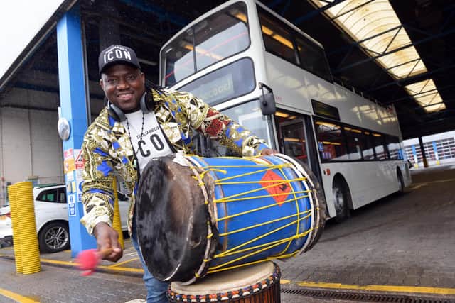 Drumming bus driver Lass Diabate has won a £500 bursary to help run drumming workshops. Picture by Stu Norton.