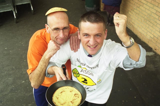 The Asda Leechmere v Sainsbury Silksworth pancake race 23 years ago.  Paul Kerr, of Asda, was showing his delight at winning the race with fellow competitor Harry Brown also in the picture.