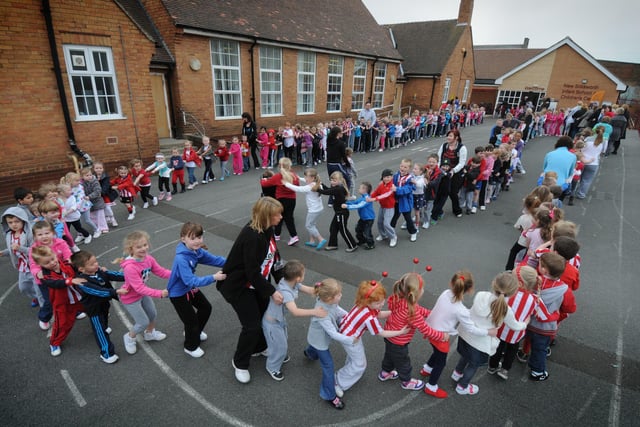Conga time at New Silksworth Infants School off Blind Lane in 2012. Staff and pupils were pictured doing the conga dance through the school playing yard for Sport Relief.