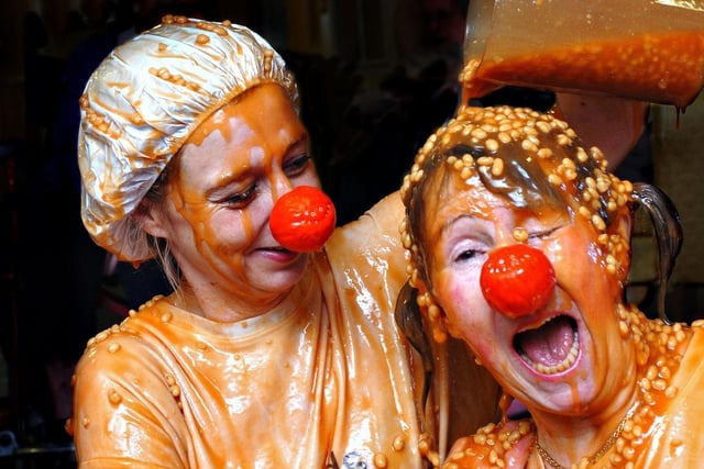 Angela Cornell and Mary Jones, right, took to a bath of baked beans to raise money for Comic Relief at the Grangewood Care Centre, in Shiney Row, in 2011. 