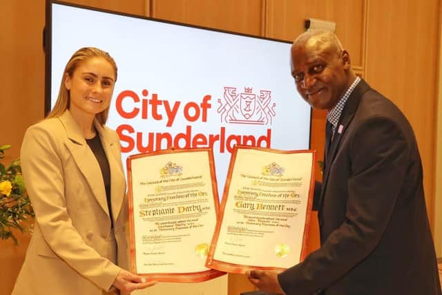 Football heroes former Sunderland AFC Ladies and England 'lioness' Stephanie Darby (nee Houghton) MBE and former Sunderland AFC star Gary Bennett MBE after receiving the Freedom of the City.