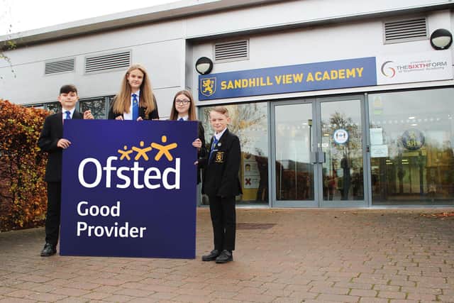 Sandhill View Academy pupils celebrate being judged as a good school following their latest Ofsted inspection.