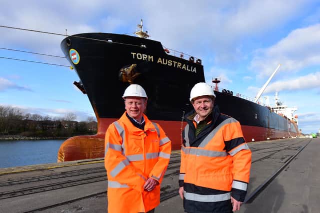Sunderland Port Director Matthew Hunt (left) and John  Fuller OBE Chairman of Brineflow Ltd. with the TORM Australia at Corporation Quay, Sunderland.