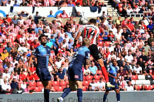Ross Stewart heads Sunderland into the lead at the Stadium of Light