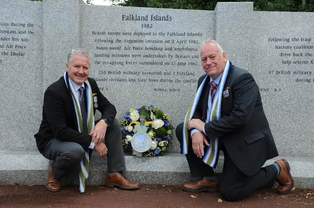 Falkland's veterans from HM Submarine Spartan, Peter Malone and Dougie McAllister, at Sunderland's War Memorial marking the 40th anniversary of the conflict.