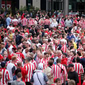 LONDON, ENGLAND - MAY 21: Sunderland fans are seen outside the stadium ahead of the Sky Bet League One Play-Off Final match between Sunderland and Wycombe Wanderers at Wembley Stadium on May 21, 2022 in London, England. (Photo by Eddie Keogh/Getty Images)