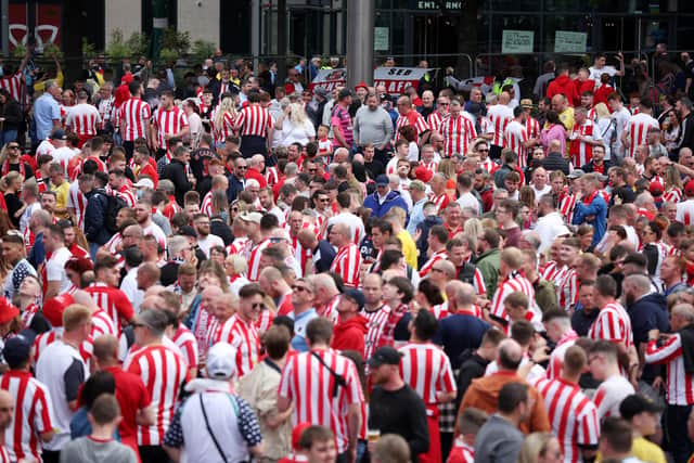LONDON, ENGLAND - MAY 21: Sunderland fans are seen outside the stadium ahead of the Sky Bet League One Play-Off Final match between Sunderland and Wycombe Wanderers at Wembley Stadium on May 21, 2022 in London, England. (Photo by Eddie Keogh/Getty Images)