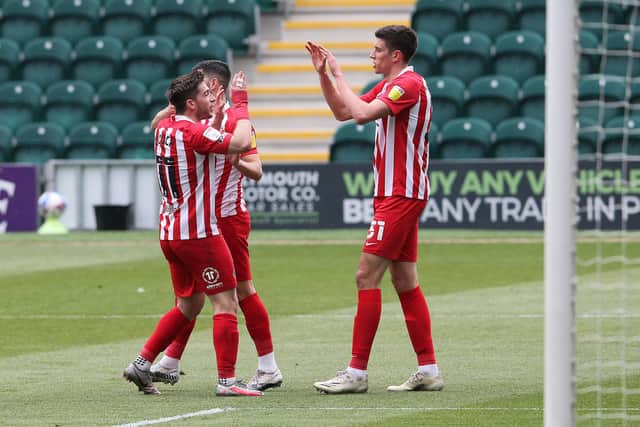 Ross Stewart celebrates his opening goal at Home Park