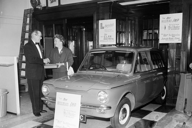 Mrs Hunter receives the Hillman Imp she won at the Capitol bingo hall in Leith in 1963, the year the car was introduced.