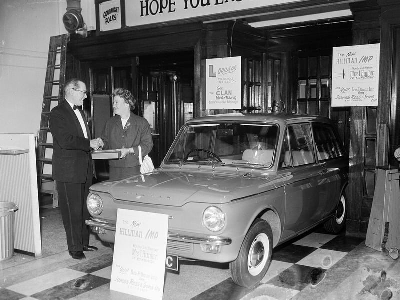Mrs Hunter receives the Hillman Imp she won at the Capitol bingo hall in Leith in 1963, the year the car was introduced.