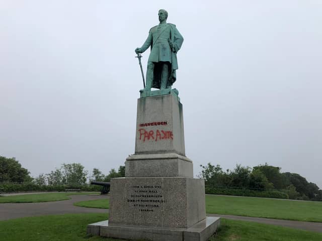 The vandalised Sir Henry Havelock statue in Mowbray Park, Sunderland.
