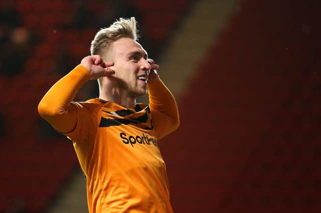 LONDON, ENGLAND - DECEMBER 13: Jarrod Bowen of Hull City celebrates after scoring his team's first goal during the Sky Bet Championship match between Charlton Athletic and Hull City at The Valley on December 13, 2019 in London, England. (Photo by James Chance/Getty Images)