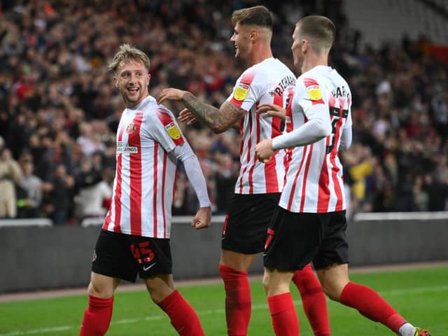 Sunderland player Stephen Wearne (l) celebrates with team mates. (Photo by Stu Forster/Getty Images)