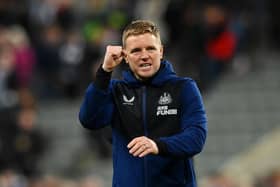 Eddie Howe, Manager of Newcastle United celebrates their sides victory after the Premier League match between Newcastle United and Everton at St. James Park on February 08, 2022 in Newcastle upon Tyne, England. (Photo by Stu Forster/Getty Images)