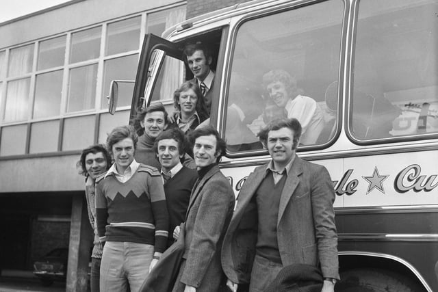 Off to Reading for the replay. Some of the players are pictured boarding the bus for Reading including Ron Guthrie, Ian Porterfield, Micky Horswill, and David Young.