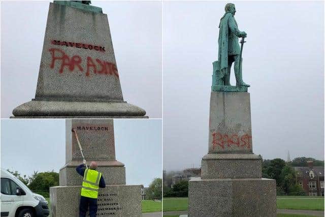 The vandalism to the statue last month.