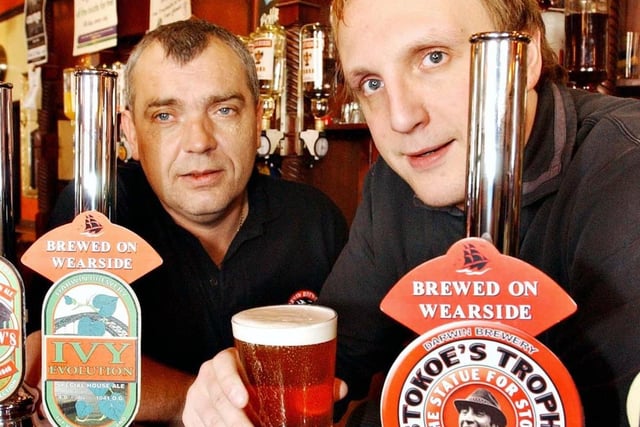 Assistant manager Andrew Wayman, right, was joined behind the bar by Dave Smith from Darwin Brewery in 2004. They were proudly serving up the first pint of the new beer Stokoe's Trophy.