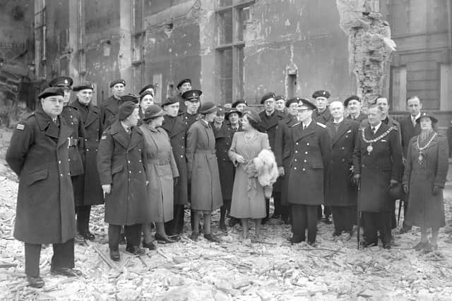 King George and Queen Elizabeth on bomb site of St Thomas Church, Sunderland, in 1943.