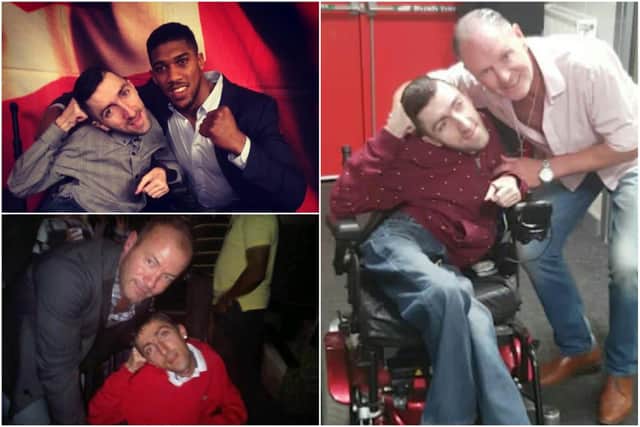 Sports fan Leon Hetherington with boxer Anthony Joshua and former footballers Alan Shearer and Paul Gascoigne.