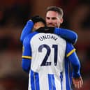 MIDDLESBROUGH, ENGLAND - JANUARY 07: Deniz Undav of Brighton & Hove Albion celebrates with teammate Alexis Mac Allister after scoring the team's fifth goal during the Emirates FA Cup Third Round match between Middlesbrough and Brighton & Hove Albion at Riverside Stadium on January 07, 2023 in Middlesbrough, England. (Photo by Stu Forster/Getty Images)