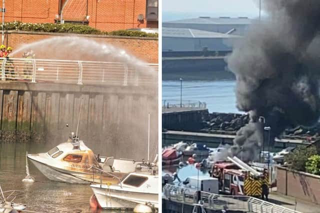 Left: Damage to one of the boats caught in the blaze. Picture by Ian Maggiore. Right: Plumes of smoke could be seen across the city. Picture by Kev Wilson.