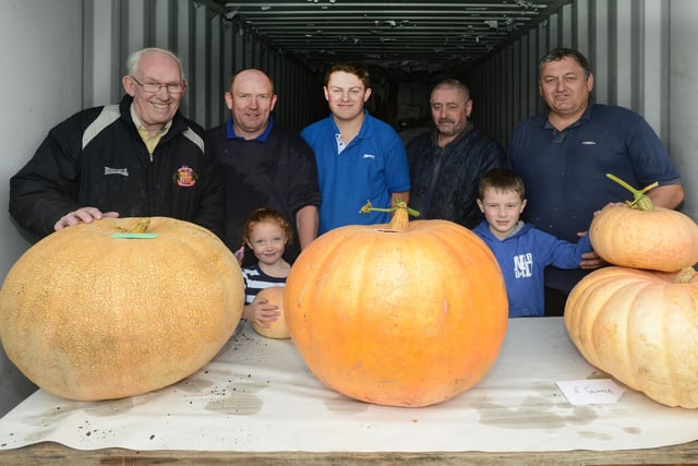 Now that's what we call a pumpkin! Members of the Wearside Small Holders at the Shields Road Allotments, Fulwell, Sunderland with their giant pumpkins 8 years ago. Left to right are George Brown, Libby Havelock, Michael Havelock, Jack Hornsey, Malcolm Hornsey, Harry Hornsey and Ian Hornsey.