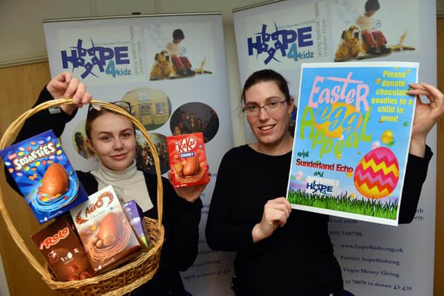 Hope 4 Kidz Shannon Crowder and Aimee Burns (R) at the launch of the Sunderland Echo Easter Egg Appeal