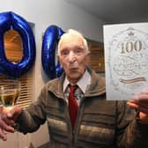Cheers. Billy Davison celebrates his 100th birthday in the Hastings Hill. Picture by Ian McClelland.