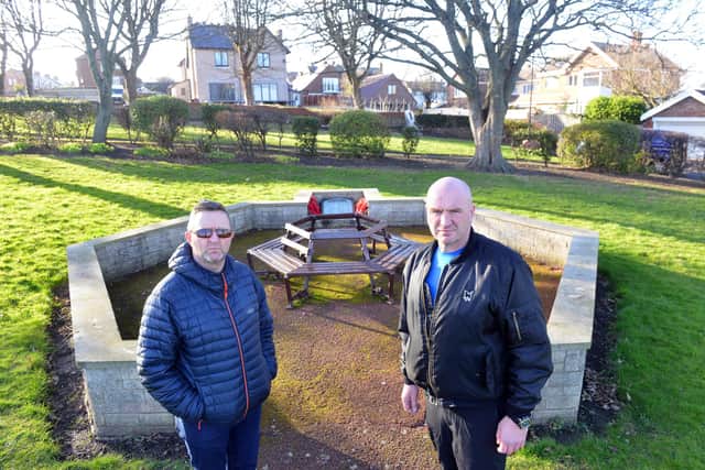 Friends of Fulwell Community Group members Phil Cockton (left) and Peter Curtis want to ensure the World War 1 memorial is restored to its former glory to provide a more fitting tribute to those who perished.