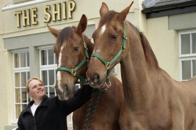 Groom Debbie Nicholson takes charge of Vaux horses Ben and Nanno. They were reunited in retirement in Eighton Banks, just before closure of the brewery.