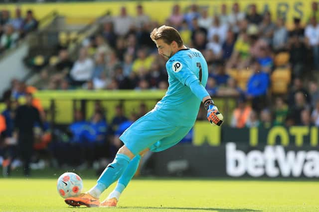 NORWICH, ENGLAND - MAY 22:    Tim Krul of Norwich City passes the ball during the Premier League match between Norwich City and Tottenham Hotspur at Carrow Road on May 22, 2022 in Norwich, England. (Photo by David Rogers/Getty Images)