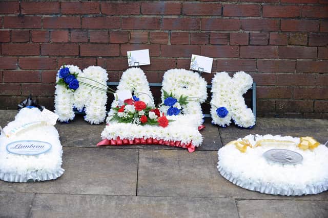 Floral tributes left for the funeral of Mark Herron at Sunderland Crematorium