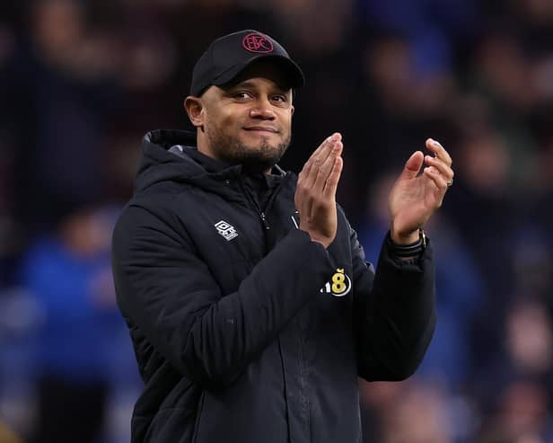 BURNLEY, ENGLAND - APRIL 10: Vincent Kompany the manager of Burnley applauds their support after the Sky Bet Championship between Burnley and Sheffield United at Turf Moor on April 10, 2023 in Burnley, England. (Photo by Alex Livesey/Getty Images)