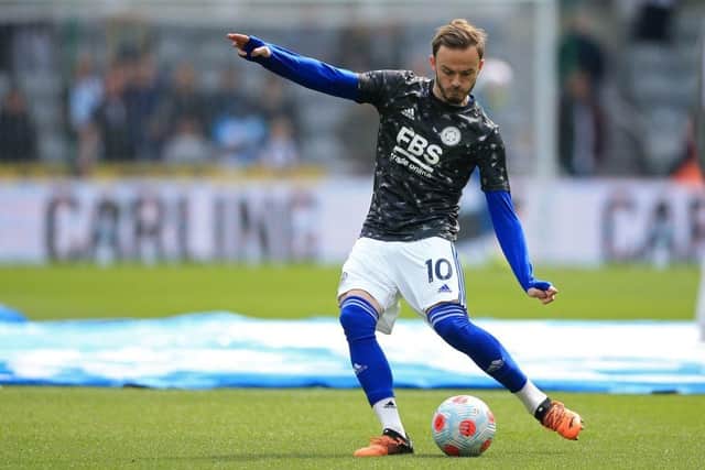 Leicester City's English midfielder James Maddison warms up ahead of the English Premier League football match between Newcastle United and Leicester City at St James' Park in Newcastle-upon-Tyne, north east England on April 17, 2022. (Photo by LINDSEY PARNABY/AFP via Getty Images)