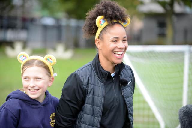 England and former SAFC star Demi Stokes was coaching at Dame Dorothy as part of the BBC's 2023 Children in Need campaign. Sunderland Echo image.