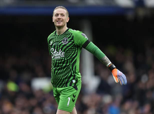 LIVERPOOL, ENGLAND - FEBRUARY 18: Jordan Pickford of Everton shows his emotion during the Premier League match between Everton FC and Leeds United at Goodison Park on February 18, 2023 in Liverpool, England. (Photo by Clive Brunskill/Getty Images)