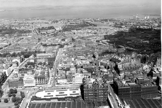 An aerial view of the East End of Princes Street showing the Waverley Market roof garden in August 1962.