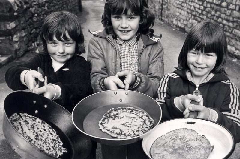 L to R Bridget Concannon 7, Paula Watts, 9, and Donna Shimwell, 8 before their pancake race in  February 1980